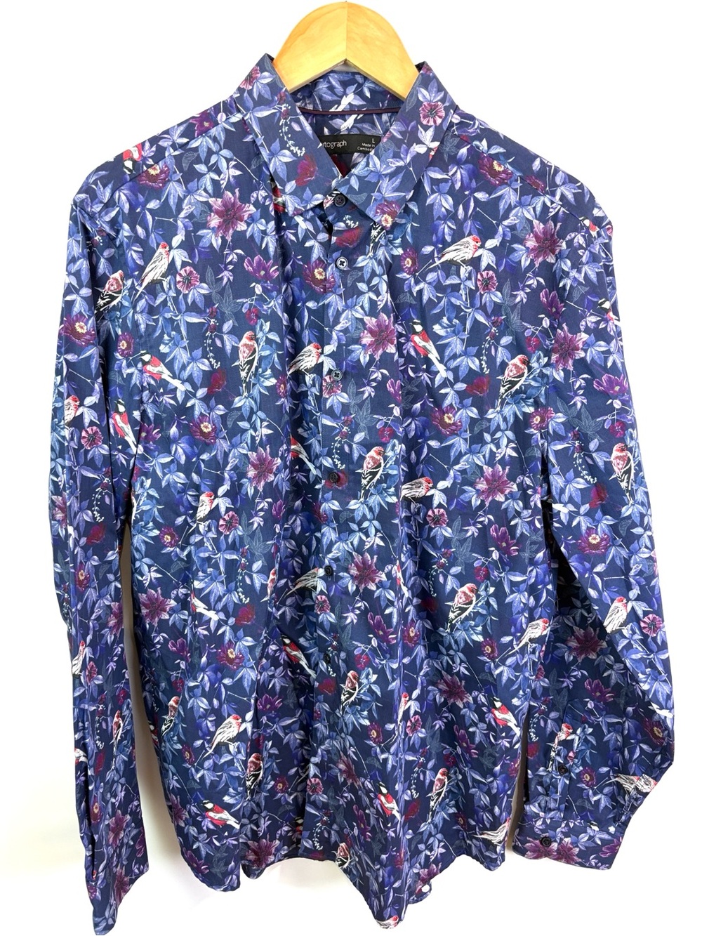 M & S Autograph Men's Navy Floral & Bird Print Button-Up Shirt size L